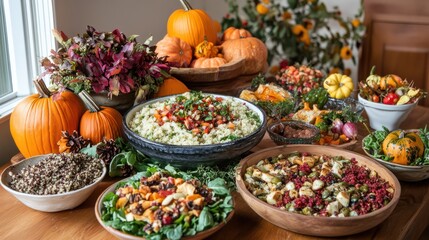 Fototapeta premium Thanksgiving table setting with an array of healthy vegan options fresh salads quinoa bowls and a centerpiece of decorative pumpkins