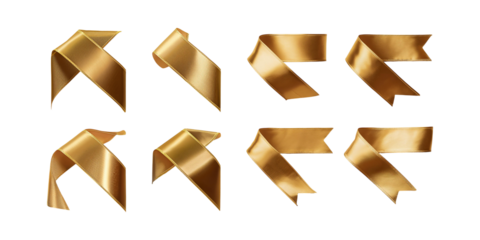 Corner and straight golden satin ribbon tag. Realistic 3d illustration set of gold textile label for sale promotion, png collection isolated on transparent background