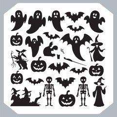 Set of logotype different type of black simple Halloween vector illustration silhouettes in white background, collection of Halloween silhouettes