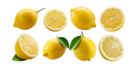 whole, cut in half, sliced on pieces fresh lemons, leaves, png collection isolated on transparent background