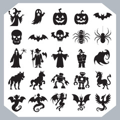 Obraz premium Set of logotype different type of black simple Halloween vector illustration silhouettes in white background, collection of Halloween silhouettes