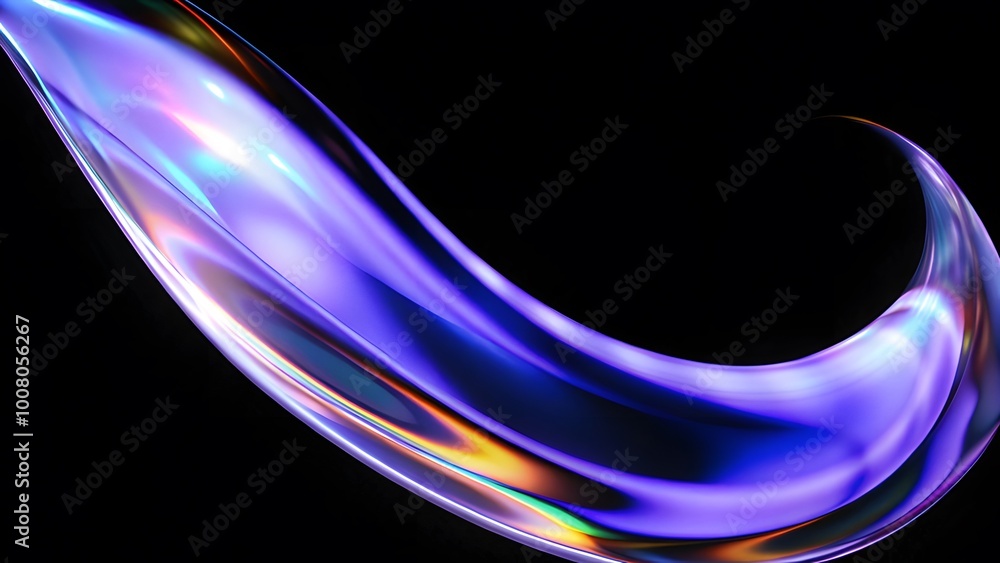 Aufkleber abstract fluid holographic iridescent purple curved wave in dark background 3d render. gradient desi