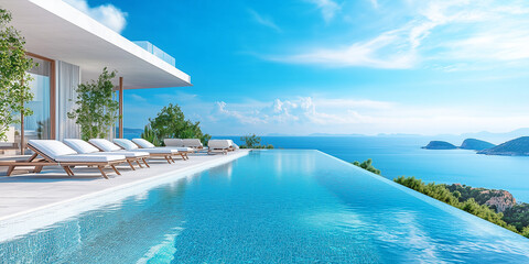 Terrasse in Luxushotel mit Sonnenliegen und Swimmingpool mit klarem blauem Wasser und atemberaubendem Blick auf Meer und Himmel. Urlaubskonzept für Sommerresorthotels. 
