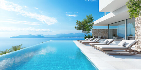 Fototapeta premium Terrasse in Luxushotel mit Sonnenliegen und Swimmingpool mit klarem blauem Wasser und atemberaubendem Blick auf Meer und Himmel. Urlaubskonzept für Sommerresorthotels. 