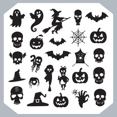 Set of logotype different type of black simple Halloween vector illustration silhouettes in white background, collection of Halloween silhouettes