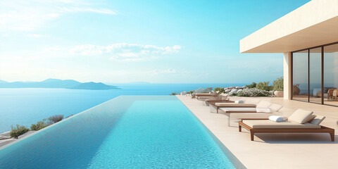 Fototapeta premium Terrasse in Luxushotel mit Sonnenliegen und Swimmingpool mit klarem blauem Wasser und atemberaubendem Blick auf Meer und Himmel. Urlaubskonzept für Sommerresorthotels. 