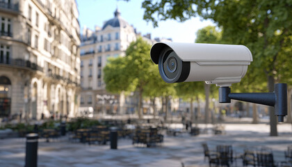 A surveillance camera is mounted in a public square, capturing the surrounding architecture and outdoor seating areas.