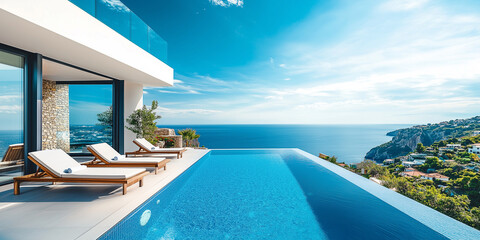 Fototapeta premium Terrasse in Luxushotel mit Sonnenliegen und Swimmingpool mit klarem blauem Wasser und atemberaubendem Blick auf Meer und Himmel. Urlaubskonzept für Sommerresorthotels. 