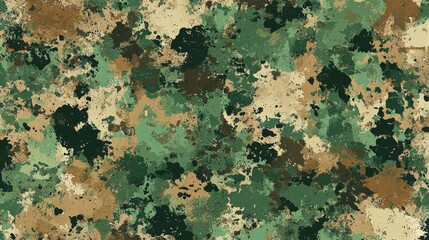 Abstract camouflage pattern in varying shades of green and brown, with organic shapes blending seamlessly for a rugged, military-inspired look, suitable for tactical or outdoor designs