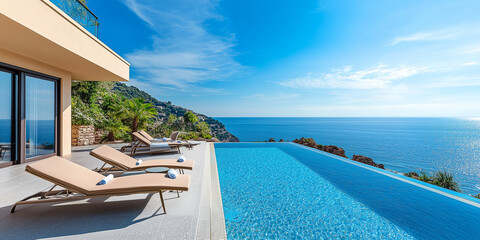 Fototapeta premium Terrasse in Luxushotel mit Sonnenliegen und Swimmingpool mit klarem blauem Wasser und atemberaubendem Blick auf Meer und Himmel. Urlaubskonzept für Sommerresorthotels. 