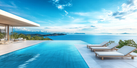 Fototapeta premium Terrasse in Luxushotel mit Sonnenliegen und Swimmingpool mit klarem blauem Wasser und atemberaubendem Blick auf Meer und Himmel. Urlaubskonzept für Sommerresorthotels. 