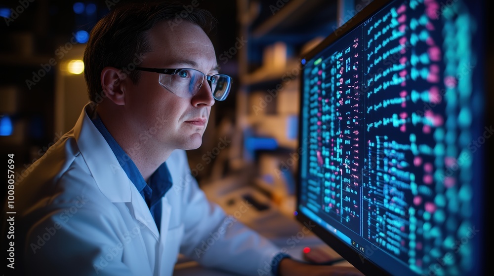 Aufkleber dedicated geneticist works intently at a computer screen, analyzing dna sequences with precision and