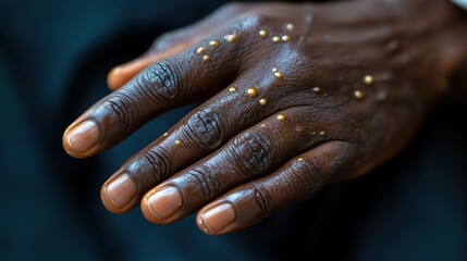 Fototapeta premium Monkeypox lesions on a hand in close-up view. Close-up of a person’s hand showing Monkeypox lesions, highlighting the viral skin infection and its severe dermatological effects.