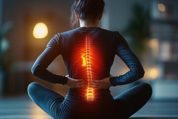 Woman sitting in a yoga pose, showcasing a visual spine effect. This image illustrates the connection between mindfulness, fitness, and well-being.