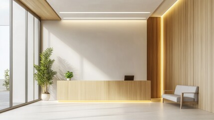 Modern waiting area with a simple light wood desk, LED lighting above, light walls, and clear windows providing a bright, minimalistic atmosphere