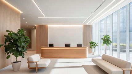 Modern waiting area with a simple light wood desk, LED lighting above, light walls, and clear windows providing a bright, minimalistic atmosphere
