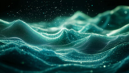 Abstract background with Flowing Waves Composed of Glowing Green and Blue Data Points on a Black Background, Representing the Movement and Flow of Digital Information in a Futuristic, High-Tech Concep