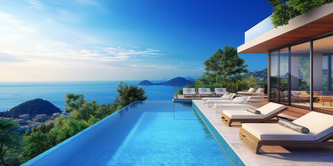 Fototapeta premium Terrasse in Luxushotel mit Sonnenliegen und Swimmingpool mit klarem blauem Wasser und atemberaubendem Blick auf Meer und Himmel. Urlaubskonzept für Sommerresorthotels. 
