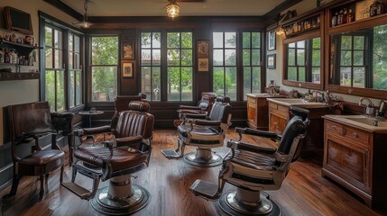 Nostalgic barber shop with aged leather chairs, wooden floors, and old-fashioned tools, offering a cozy grooming experience with clear windows visible