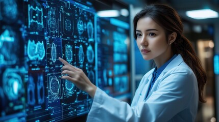Female doctor meticulously analyzes physiological data displayed on a digital screen in a high-tech lab, showcasing advanced medical research and innovative technology.