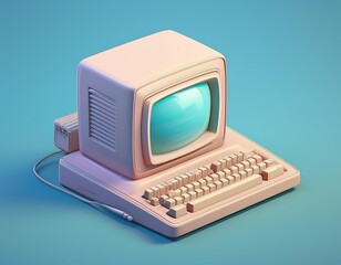 3D pastel colored vintage computer sits on a blue surface