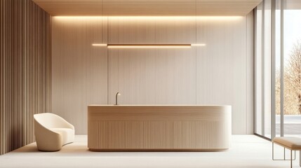 Fototapeta premium Office waiting room with a light wood front desk, light walls, LED lighting above, minimalist design, and large clear windows creating a bright atmosphere