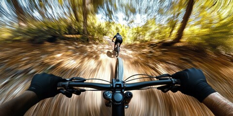a person riding a bike through a forest