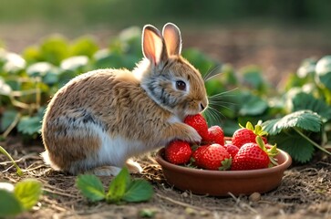 Cute little brown rabbit sitting near a lot of strawberries and eating strawberries © Roshan