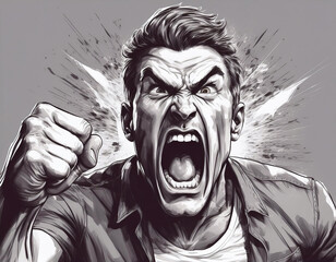 drawn image of angry aggressive violent man with closed fist and threatening facial features