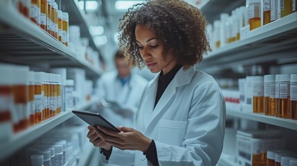 Medical professional in a modern laboratory examines data on a tablet among stocked shelves of medication, highlighting technology in healthcare practices.