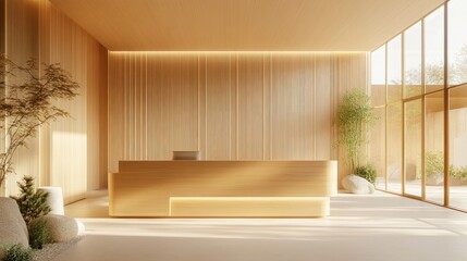 Fototapeta premium Reception area with a light wood front desk, light-colored walls, LED lighting, and large clear windows creating a clean, minimal aesthetic