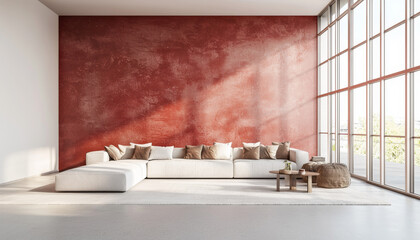 A modern, minimalist living room featuring a large sectional sofa, decorative cushions, and a warm-toned accent wall.