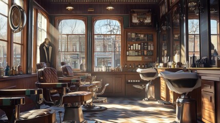 Retro barber shop featuring classic grooming tools, aged leather seats, brass decorations, with sunlight filtering in through clear windows