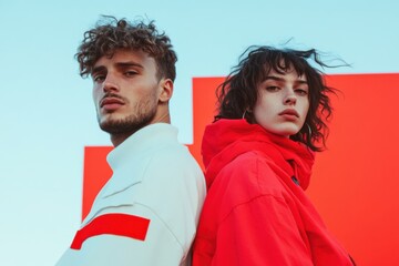Young couple models posing back to back wearing stylish clothes