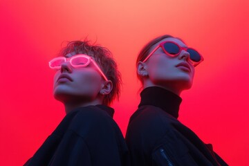 Two fashion models posing with futuristic sunglasses and red backdrop