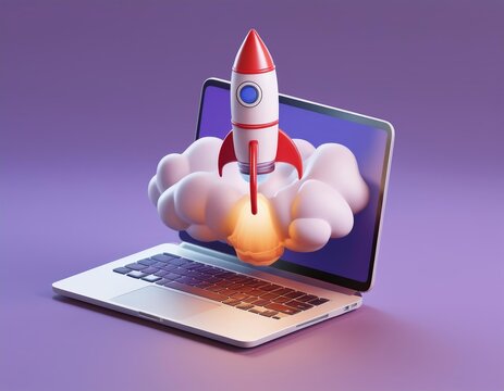 3D rocket ship launches from a laptop screen leaving a trail of smoke and clouds