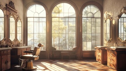 Vintage barber shop interior with antique decor, including brass shaving tools and mirrors, sunlight streaming through large, clear windows