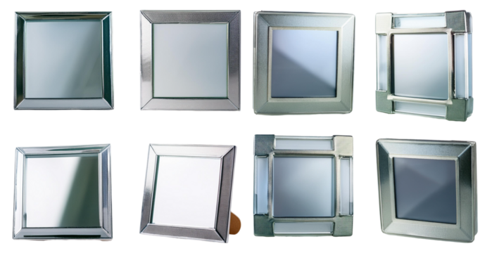 Square chrome framed mirrors set isolated on transparent background with modern and sleek design