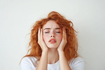 Naklejka premium Distressed redhead closing eyes, hands on cheeks indoors calm.