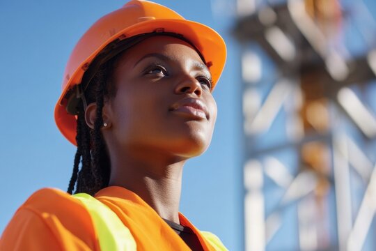 Confident engineer looking ahead at construction under sky