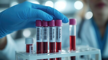 Doctor Handling Blood Samples in Laboratory. A medical professional handles blood samples in a lab setting, showcasing the precision and care required in healthcare and diagnostic testing practices.