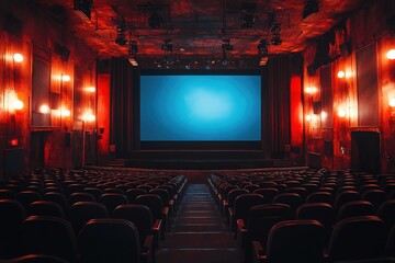 Empty cinema hall with blue screen and red lights