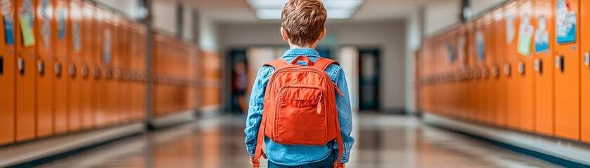Back to school, boy with backpack in a school hallway.