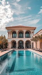 Fototapeta premium Stunning luxury villa with a beautiful swimming pool and elegant architecture under a bright blue sky.