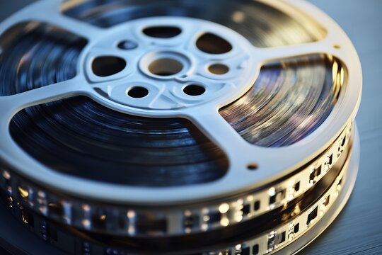 Close-up of classic film reels with dramatic lighting