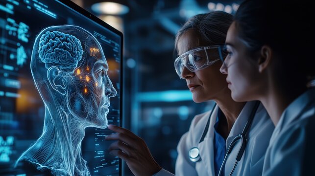 Two medical professionals interact with advanced AI software on a digital tablet, analyzing a holographic display of human anatomy for enhanced healthcare solutions.