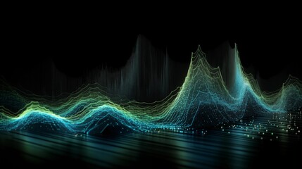 Abstract background with Flowing Waves Composed of Glowing Green and Blue Data Points on a Black Background, Representing the Movement and Flow of Digital Information in a Futuristic, High-Tech Concep