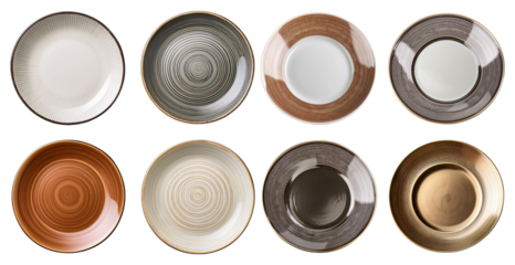 Set of ceramic plates with concentric patterns isolated on transparent background