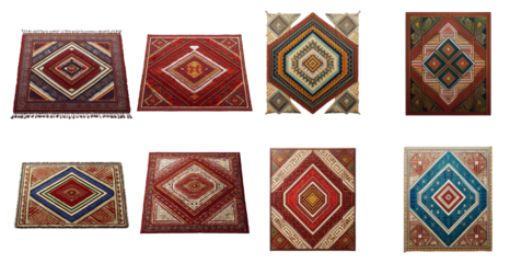 Geometric diamond patterned ethnic woven rugs in vibrant colors isolated on transparent background