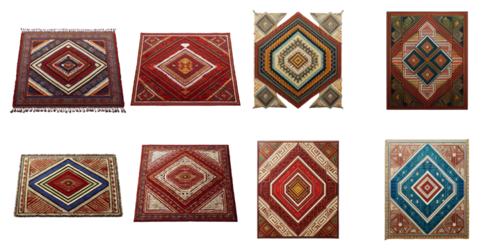 Geometric diamond patterned ethnic woven rugs in vibrant colors isolated on transparent background